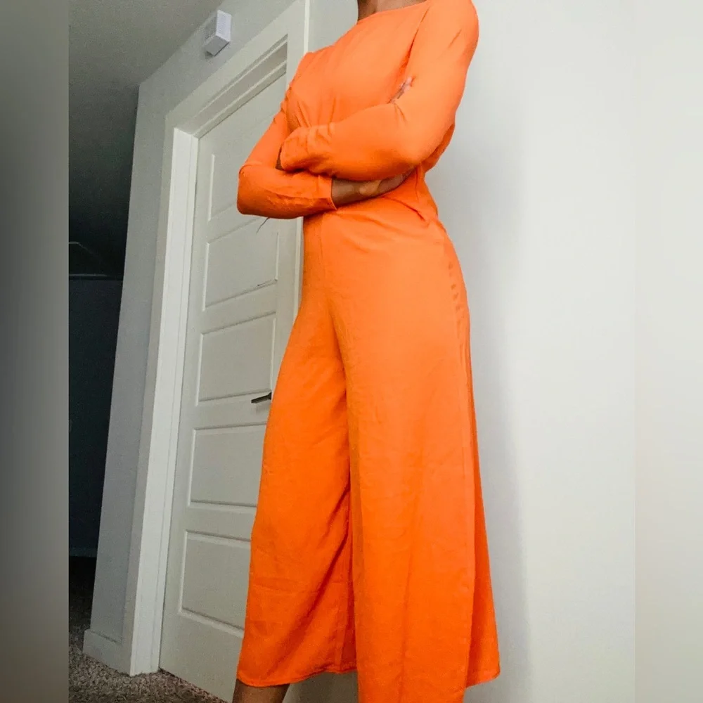 Orange long-sleeve Wrap Front Jumpsuit - Picture 7 of 11